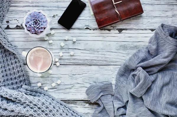 Herfst Winter Achtergrond Schot Van Bovenaf Bekijken Met Warme Cacao — Stockfoto