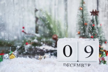 9 Aralık tarihli beyaz ahşap takvim blokları ve karlı Noel süslemeleri. Bulanık arkaplan ile seçmeli odak. 