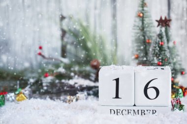 16 Aralık tarihli beyaz tahta takvim blokları ve karlı Noel süslemeleri. Bulanık arkaplan ile seçmeli odak. 
