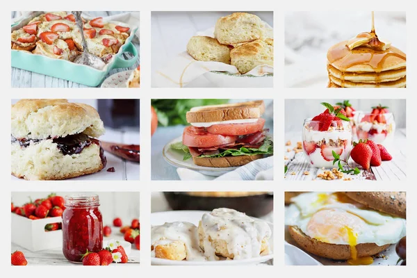 Collage Aus Amerikanischem Frühstück Mit Französischem Toastauflauf Südländischem Gebäck Pfannkuchen — Stockfoto