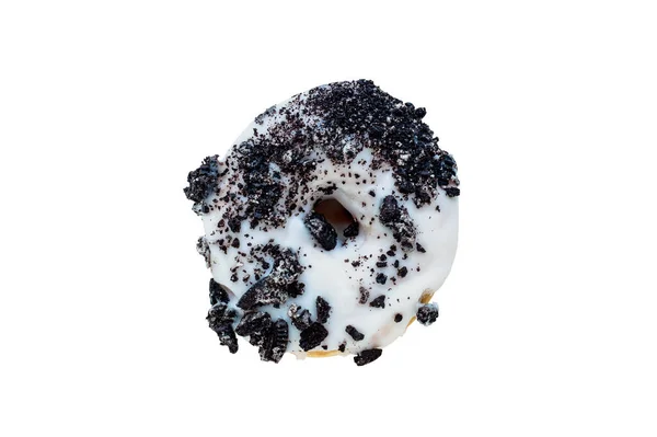 Плоский Білий Шоколадний Матовий Пончик Подрібненим Кремом Наповненим Печивом Ізольований — стокове фото
