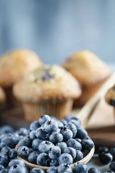 Abstract Rustic Image Fresh Blueberries Spilling Wooden Spoon Front Homemade — Stock Photo, Image
