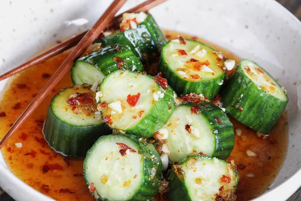 Overhead View Easy Spicy Korean Cucumber Salad Muchim Made Garlic — Stock Photo, Image