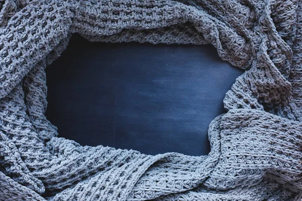 Grey Woven Blanket Crumpled Framed Dark Toned Black Wooden Background — Stock Photo, Image