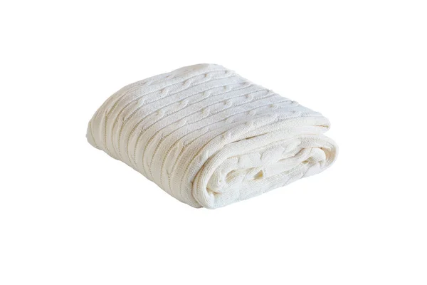 Warm White Cable Knit Blanket Folded Neatly Isolated White Background — Fotografia de Stock
