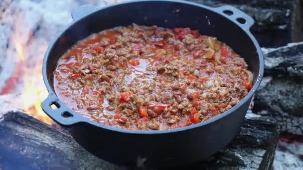 Människans Hand Rör Kanna Hemlagad Chili Över Lägereld — Stockvideo