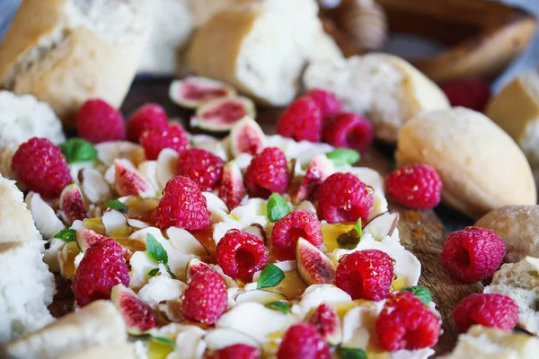 Butter Board Topped Fresh Raspberries Figs Sliced Almonds Basil Leaves — Stock Photo, Image