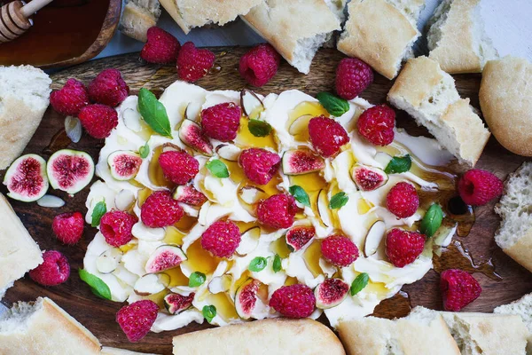 Flat Lay Butter Board Topped Fresh Raspberries Figs Sliced Almonds — Stock Photo, Image