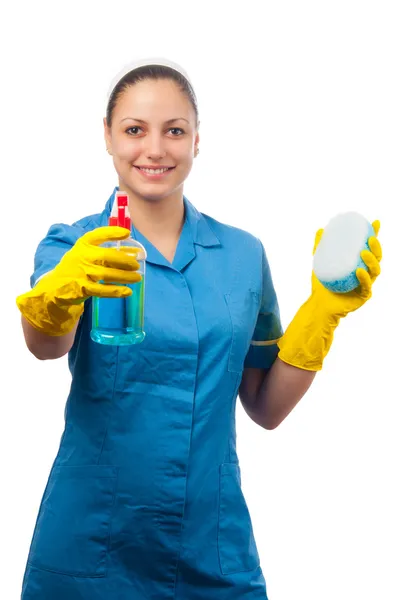 Beautiful young cleaning lady isolated on white. — Stock Photo, Image