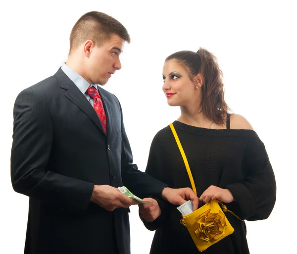 Surprised young businessman giving too much money to the lady of questionable moral — Stock Photo, Image