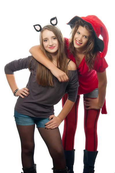 Teenagers dressed in costumes for halloween isolated on white — Stock Photo, Image