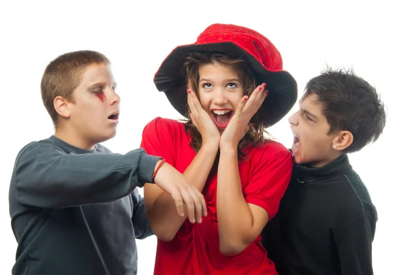 Teenagers dressed in costumes for halloween isolated on white — Stock Photo, Image
