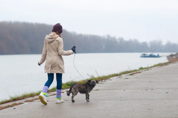 Adolescente chica paseando el perro en día nublado otoño —  Fotos de Stock