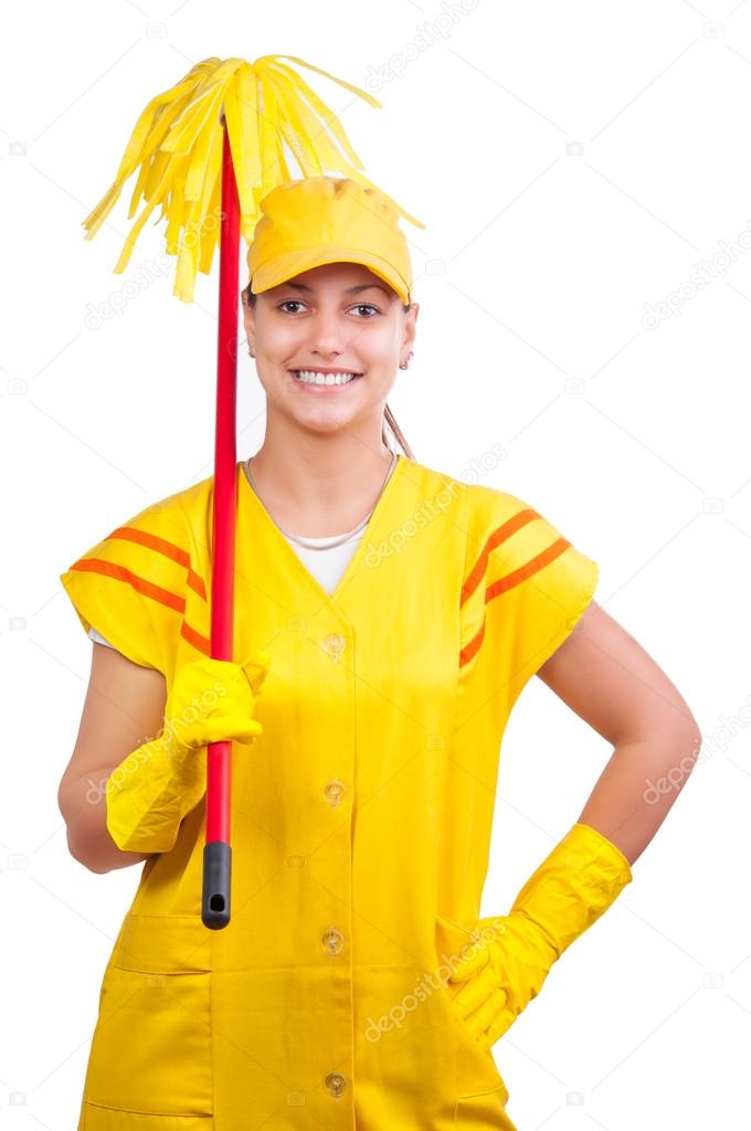Happy cleaning lady in uniform wearing gloves, cap and holding mop