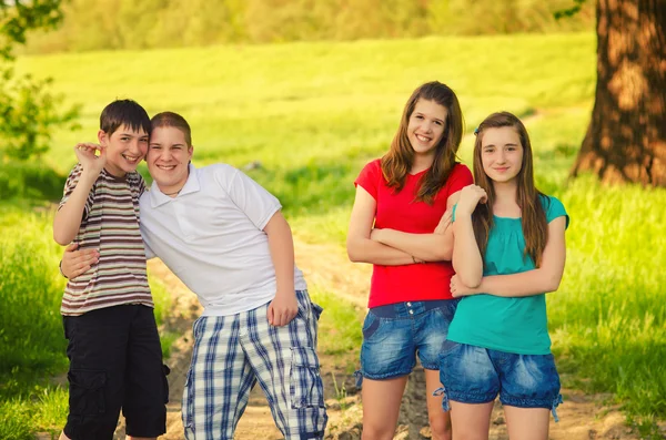 Quattro amici adolescenti nella natura — Foto Stock