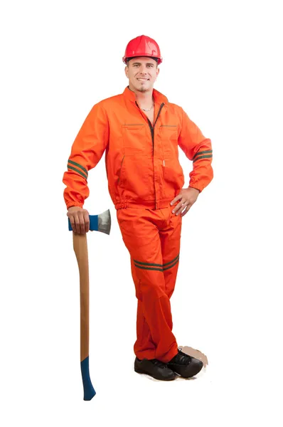 Construction worker with hard hat holding ax — Stock Photo, Image