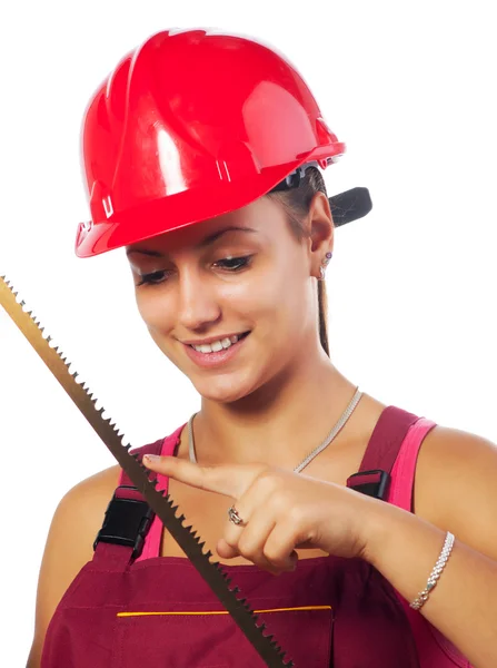 Trabalhadora da construção feminina segurando viu — Fotografia de Stock