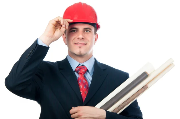 Lachende ingenieur met harde hoed en blauwdrukken — Stockfoto