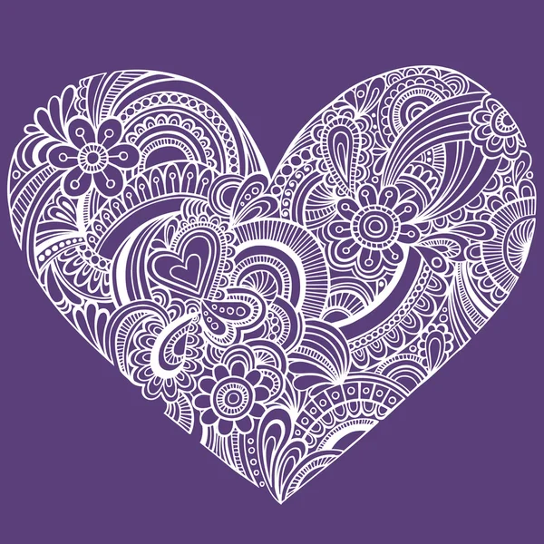 Doodle intrincado dibujado a mano del corazón de Paisley del tatuaje de Henna — Vector de stock