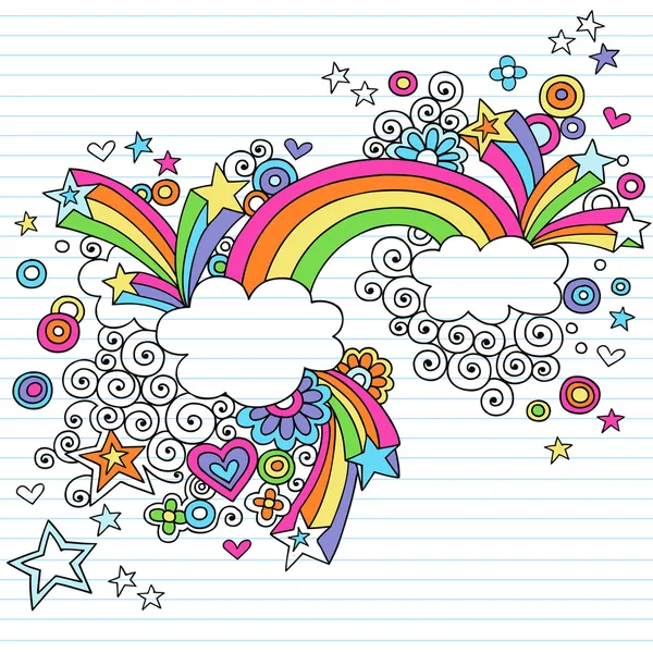 Handgezeichneter psychedelischer Regenbogen, Wolken und Sterne Notizbuch-Doodle — Stockvektor