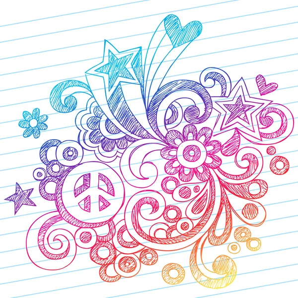 Barış işareti, yıldız ve kalpleri ile çizilmiş soyut yarım yamalak defter doodles — Stok Vektör