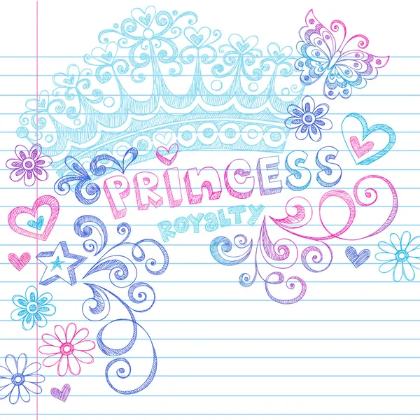 Doodles de cuaderno de princesa dibujado a mano — Vector de stock