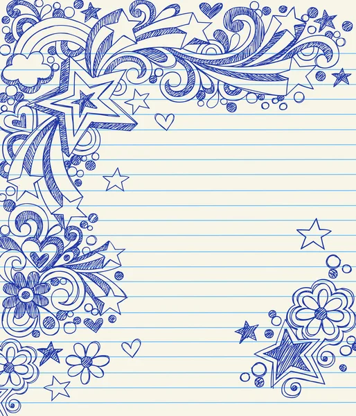 Handritade tillbaka till skolan starbursts, virvlar, hjärtan och stjärnor i skissartad notebook doodles — Stock vektor