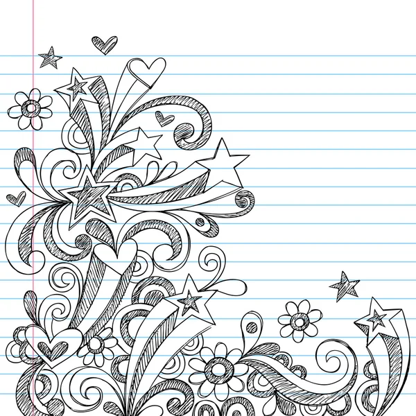 Dessiné à la main Retour à l'école Starbursts, tourbillons, coeurs et étoiles Carnet de notes Croquis Doodles — Image vectorielle