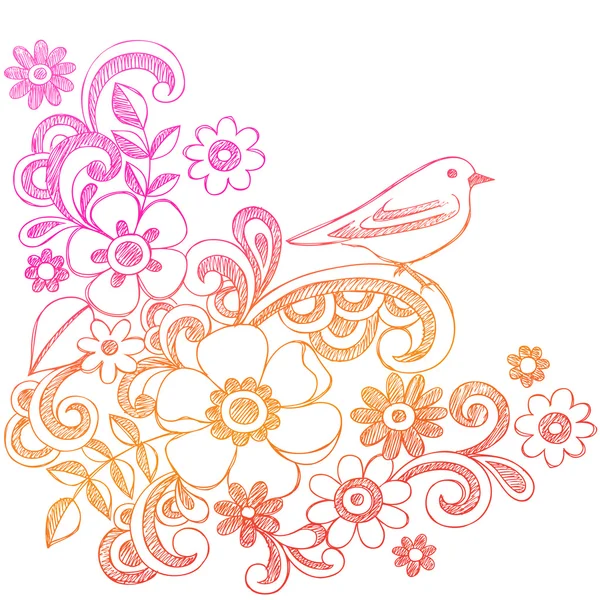 Doodles de cuaderno de flores y pájaros dibujados a mano — Vector de stock