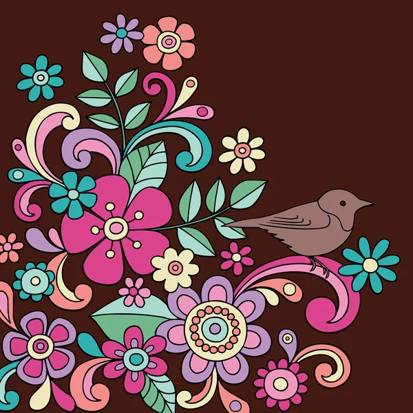 Ручной рисунок Psychedelic Abstract Paisley Henna Flower and Bird Doodles — стоковый вектор