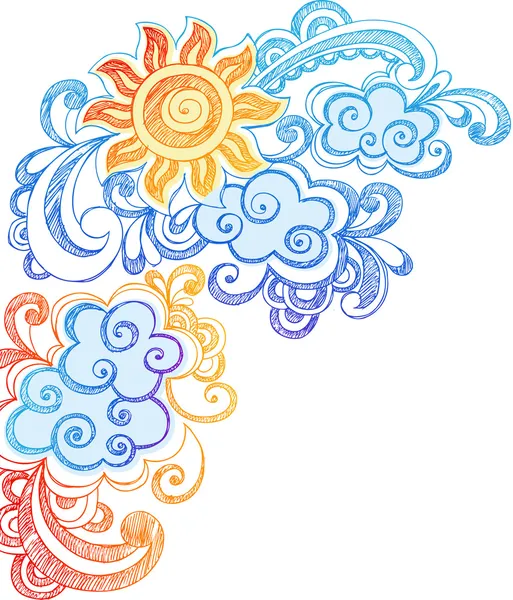 Día de verano soleado y olas del océano dibujado a mano Doodles portátiles incompletos — Vector de stock