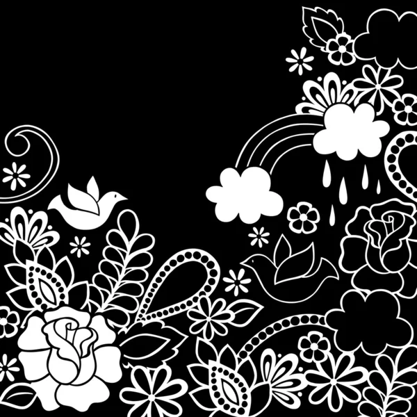 Groovy 迷幻黑色和白色涂鸦花卉园 — 图库矢量图片