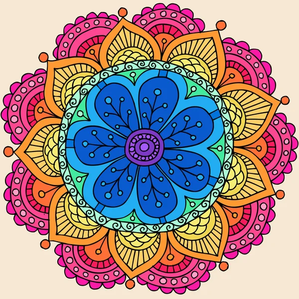 Groovy Psicodélico arco iris Henna Mandala Doodle flor — Vector de stock
