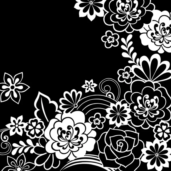 Groovy psicodélico preto e branco doodle jardim de flor — Vetor de Stock