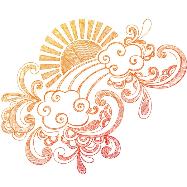 Verão desenhado à mão Hibisco Flor, Ondas e Sol Tropical — Vetor de Stock
