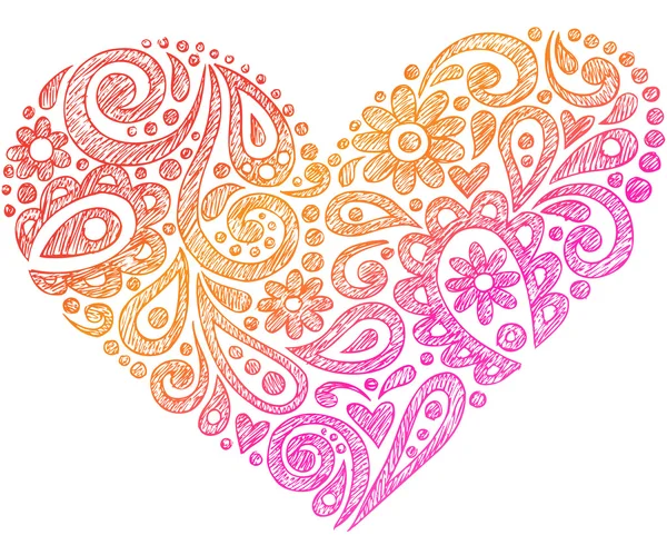 Hand-Drawn Paisley Henna Heart Shapes Sketchy Doodle — Stock Vector