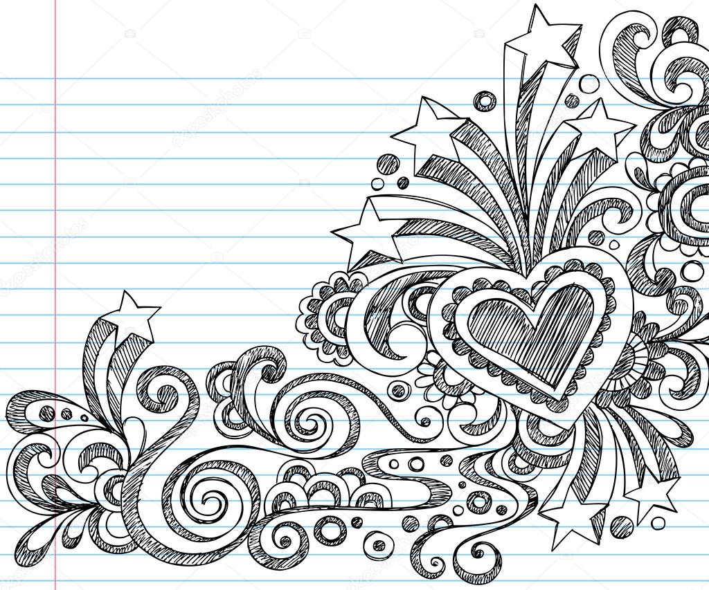 Cuori astratta disegnata a mano arabeschi fiori e stelle taccuino abbozzato doodles vettoriale illustrazione elementi di design su sketchbook foderata di