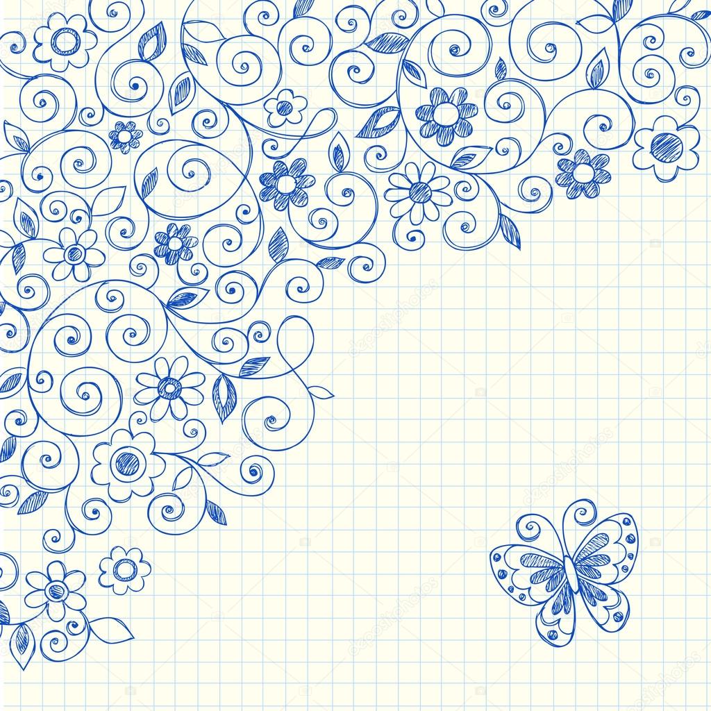 Hand Drawn Sketchy Notebook Doodle Vines on Lined Graph Grid Paper Background — Vettoriali di blue67