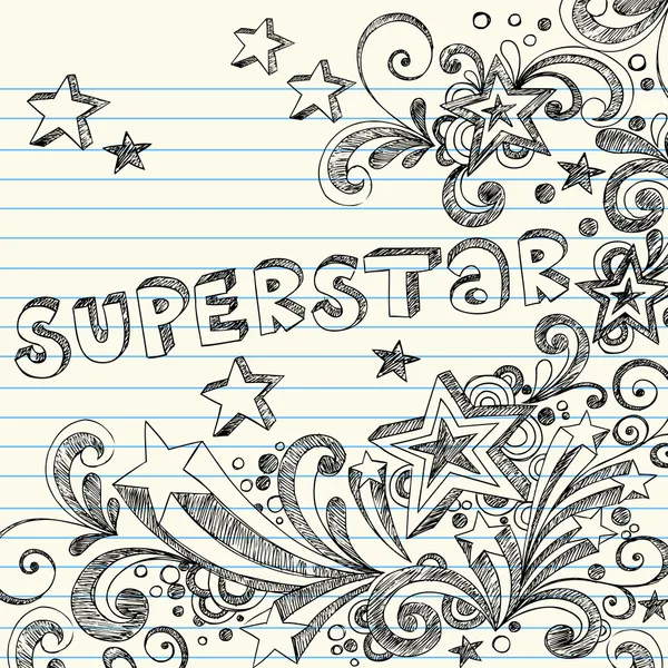 Superstar Sketchy Doodles con letras en papel de cuaderno forrado — Archivo Imágenes Vectoriales