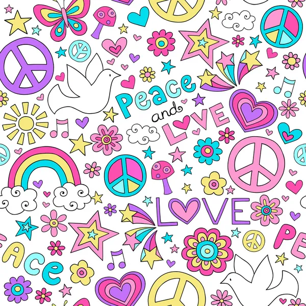 Paz y amor Doodles Diseño de patrones de repetición sin costuras — Vector de stock
