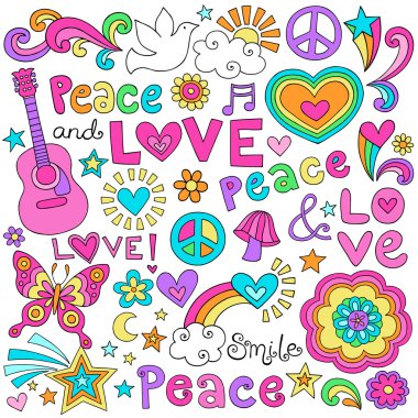 Barış, sevgi, müzik ve çiçek gücü psychedelic groovy defter doodle vektör çizim tasarım öğeleri