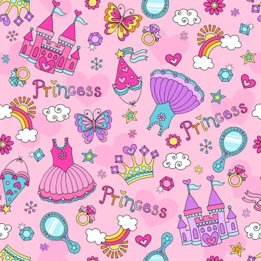 Prenses Peri masalı seamless modeli defter vektör çizim taç, tutu ve kale doodles