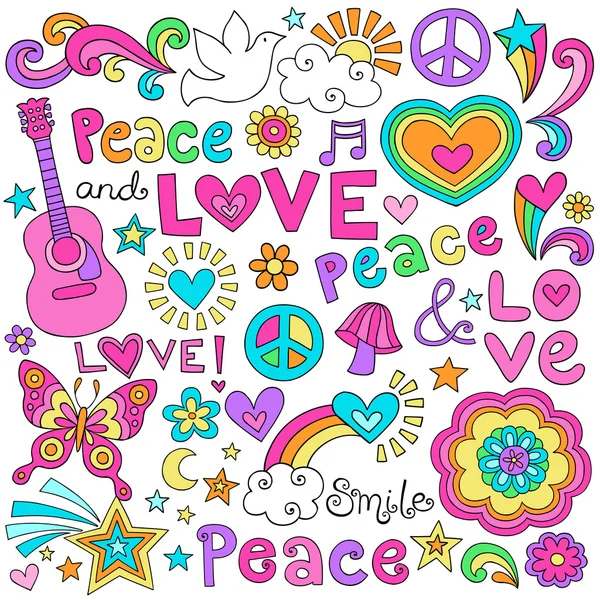 Peace, Love, Music and Flower Power Carnet de notes psychédélique Groovy Doodle Vector Illustration Éléments de design — Image vectorielle