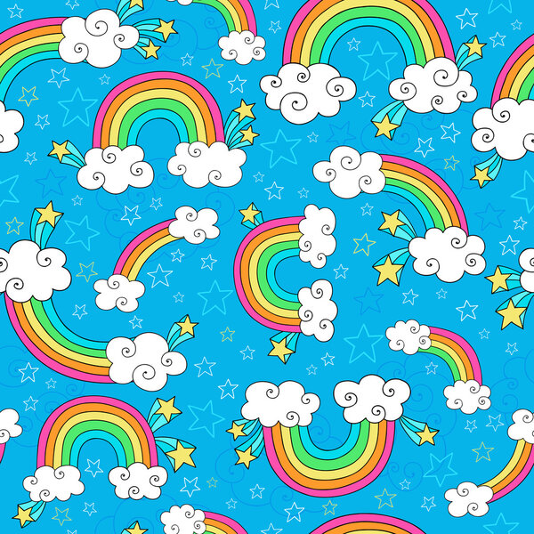 Rainbows Sky and Clouds Seamless Pattern- Groovy Notebook Doodles Hand-Drawn Vector Illustration Background