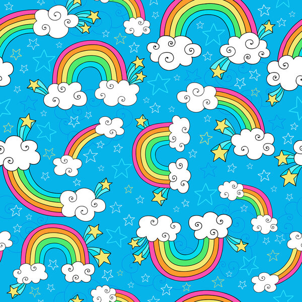 Rainbows Sky and Clouds Seamless Pattern - Groovy Notebook Doodles Hand-Drawn Vector Illustration Background
