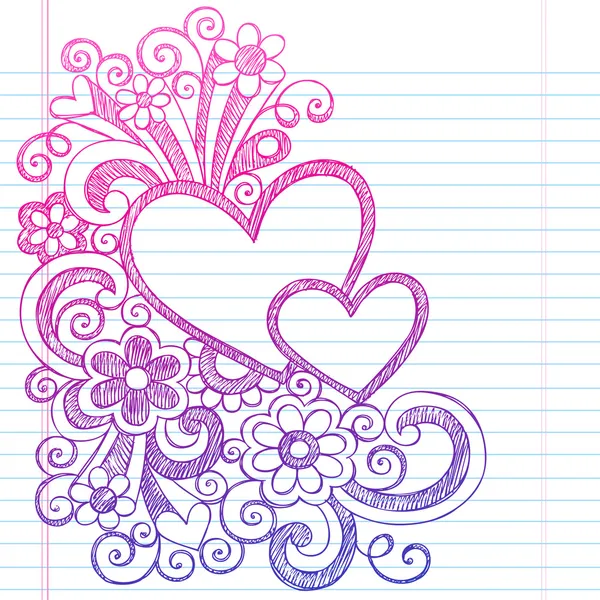 Love Hearts Frame Border Back to School Sketchy Notebook Doodles- Illustrazione vettoriale Design su sfondo di carta Sketchbook foderato — Vettoriale Stock