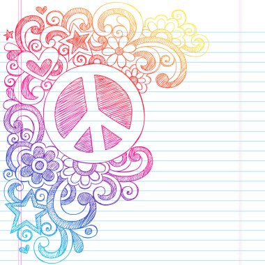 vektör çizim göktaşları, Kalpler ve çiçekler ile barış işareti yarım yamalak doodles