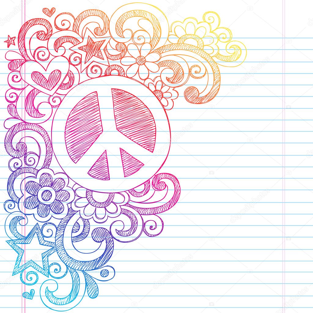 Peace Sign Sketchy Doodles Vector Illustration with Shooting Stars, hearts, and Flowers