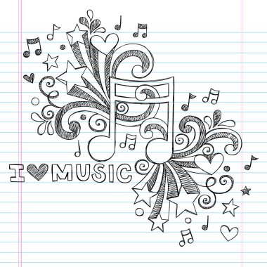 müzik Not başa okul yarım yamalak defter karalamalar çizilmiş çizim tasarım öğeleri çizgili sketchbook kağıt arka plan müziği seviyorum