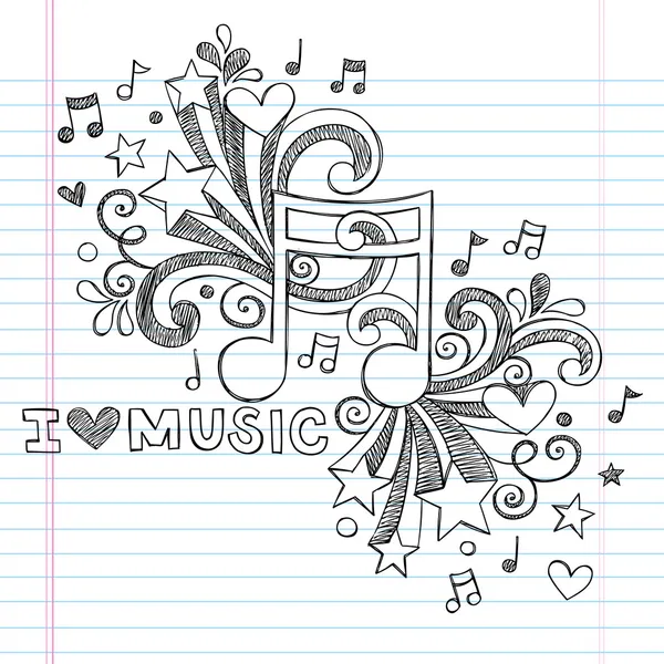 Nota musicale Amo la musica torna a scuola Sketchy Notebook Doodles- Illustrazione disegnata a mano Elementi di design su carta schizzo foderato sfondo — Vettoriale Stock